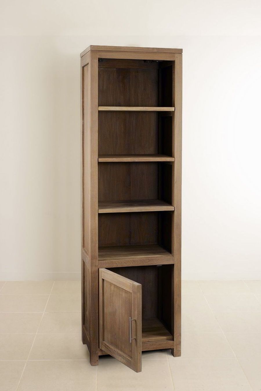 Reclaimed wood bookshelf opened doors