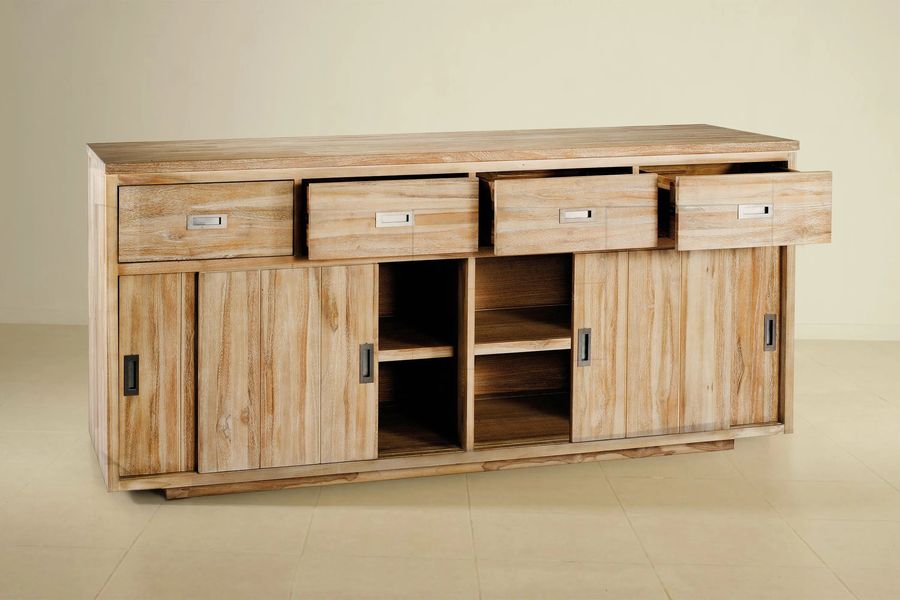 Reclaimed teak buffet drawers pulled out and doors opened