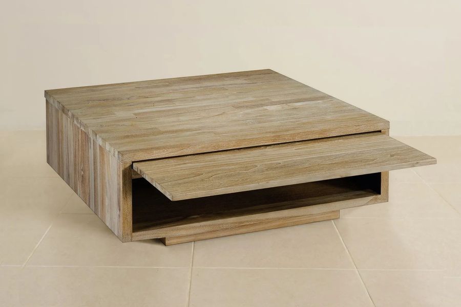 Solid wood tray detail of the reclaimed teak coffee table