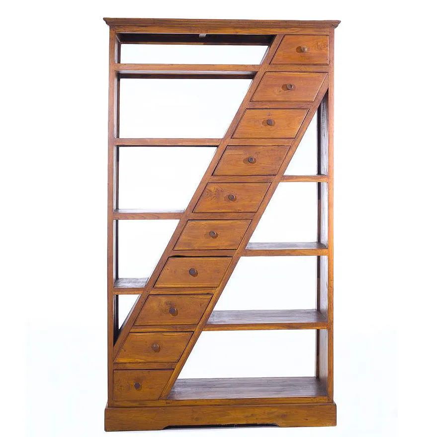 Diagonal drawers standing shelving unit front detail