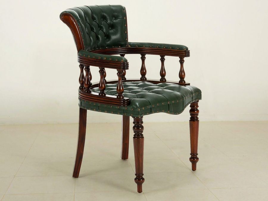 Colonial desk chair mahogany wood green leather seat