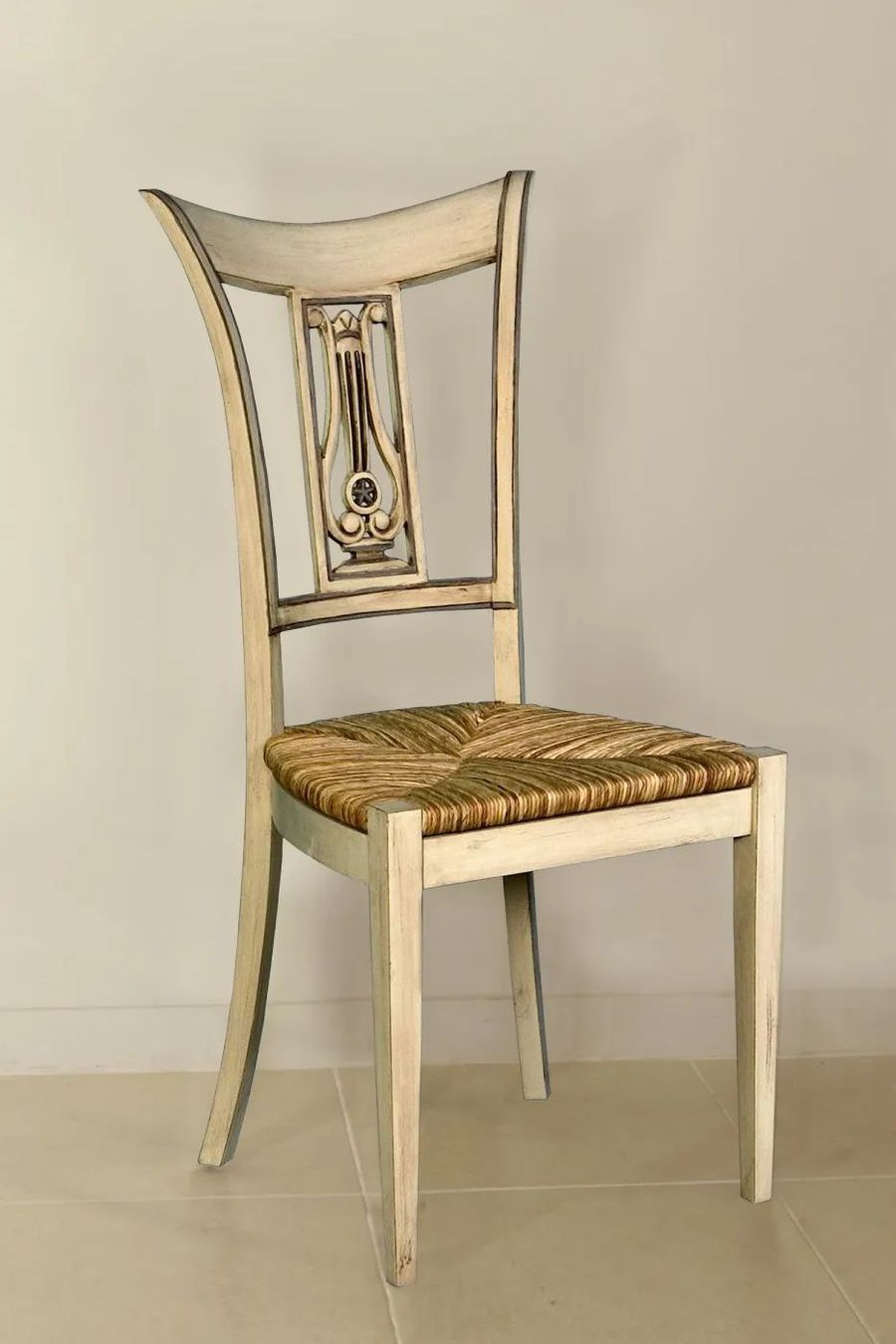 White panted lyre back chair mahogany wood frame