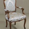 Louis XV Balloon back armchair blue pattern gold fabric upholstery