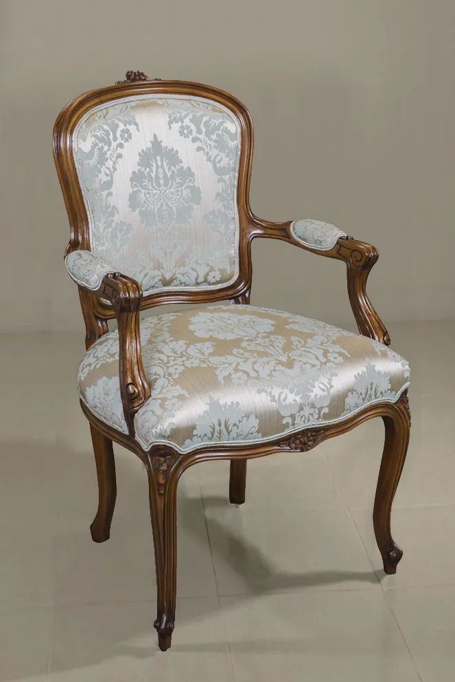 Louis XV Balloon back armchair blue pattern gold fabric upholstery