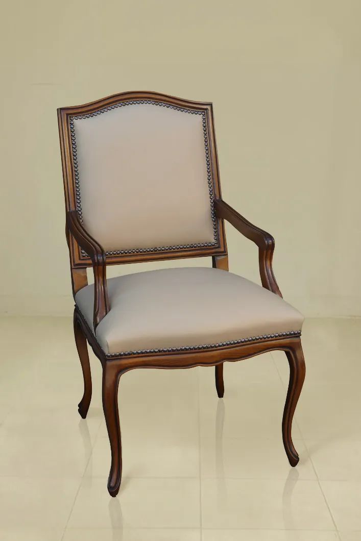 Louis XV Dining armchair mahogany wood frame light brown fabric seat and backrest upholstery