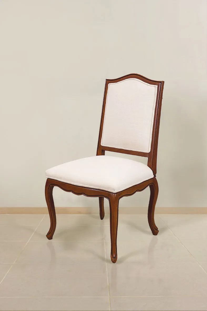 Louis XV Dining armchair mahogany wood frame white canvas fabric seat and backrest upholstery