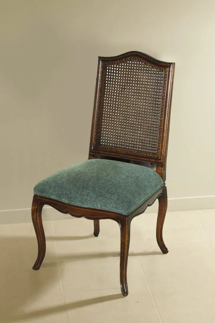 Louis XV Dining armchair mahogany wood frame upholstered seat rattan backrest