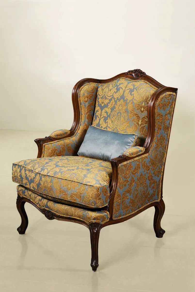Louis Philippebergere wings flower cresting backrest rails upholstered with gold pattern blue fabric
