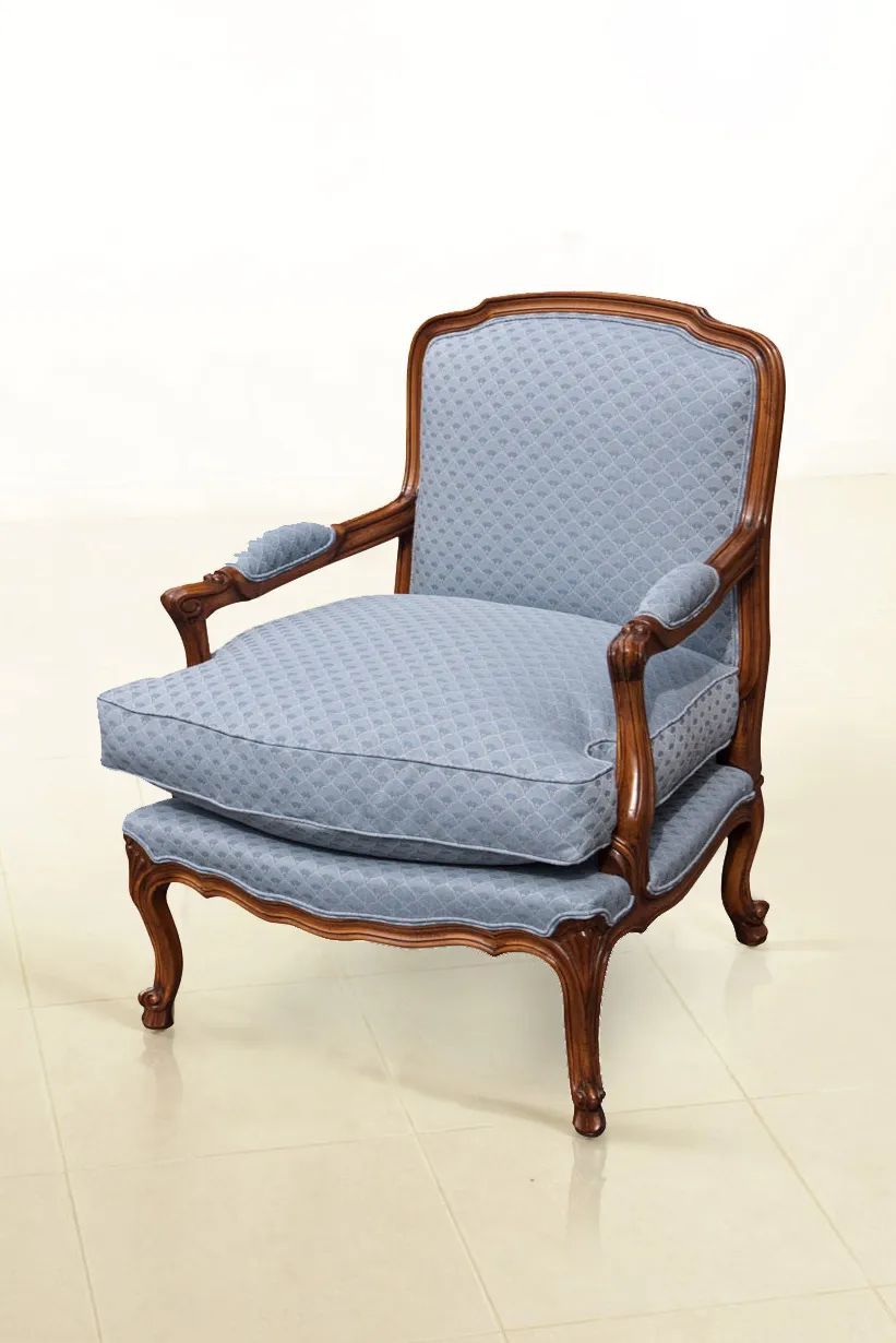 Louis XV armchair blue fabric light brown finishes