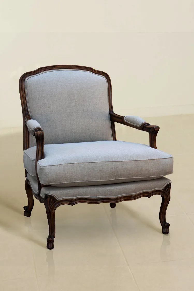 Louis XV armchair in dark brown finishes and gray fabric