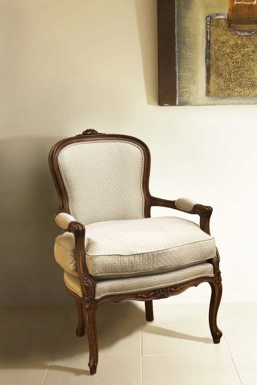 Louis XV Cabriolet mahogany wood frame cream canvas upholstery
