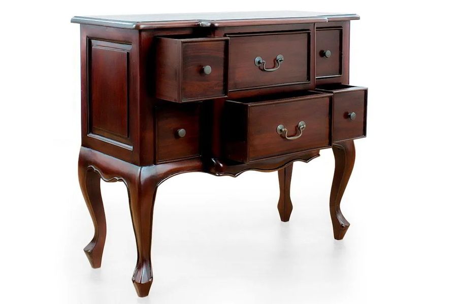 The drawers of dark brown finish Louis XV breakfront dresser pulled out
