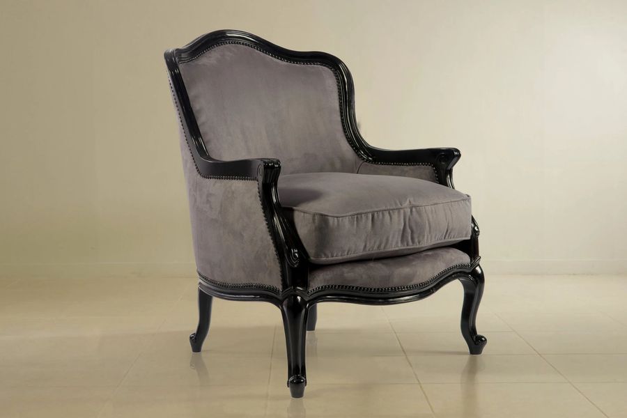 Louis XV tub chair upholstered fully with gray fabric