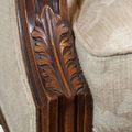 Wood carving detail on the arm of Louis XVI empire bergere mahogany wood frame