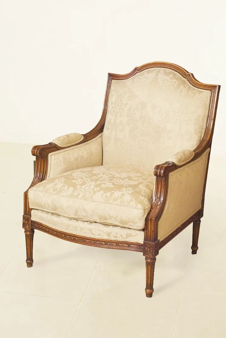 Cream fabric Louis XVI empire bergere mahogany wood frame