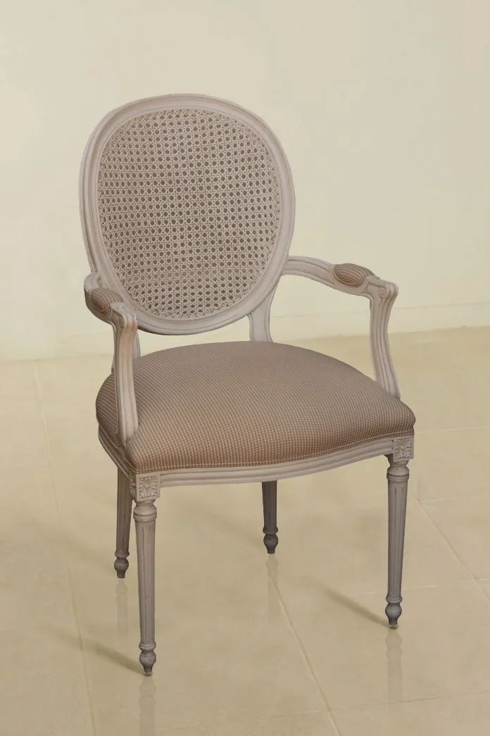 Whitewashed rLouis XVI provincial dining armchair medaillon back