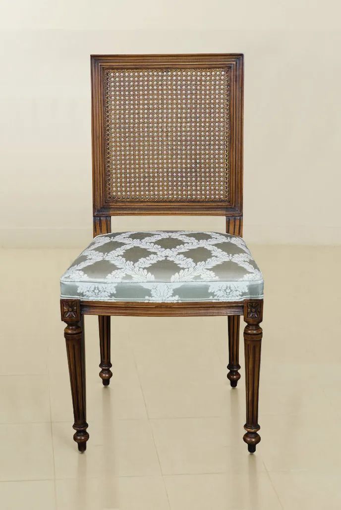 Louis XVI turning legs dining armchair flower pattern fabric seat rattan backrest