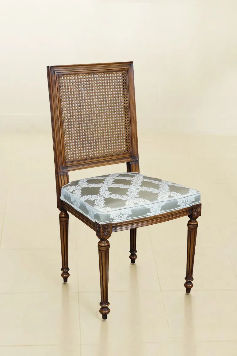 Louis XVI turning legs dining armchair flower pattern fabric seat rattan backrest