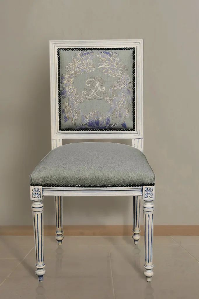 Louis XVI turning legs dining armchair flower pattern fabric seat rattan backrest painted frame