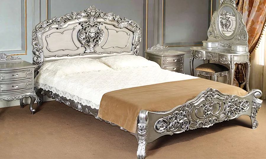 Silver painted rococo bedroom furniture