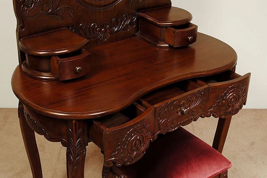 All drawers pulled out, the detailed view of Rococo carving bedroom vanity