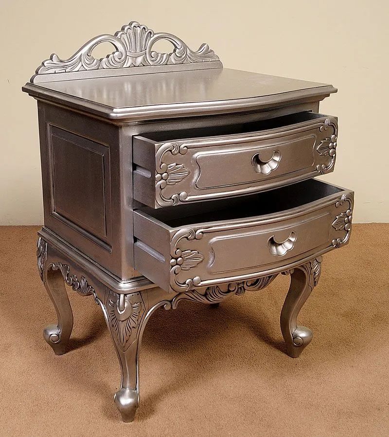 Rococo nightstand 2 drawers silver leaf gilt detail