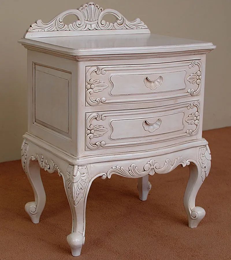 White painted Rococo nightstand 2 drawers