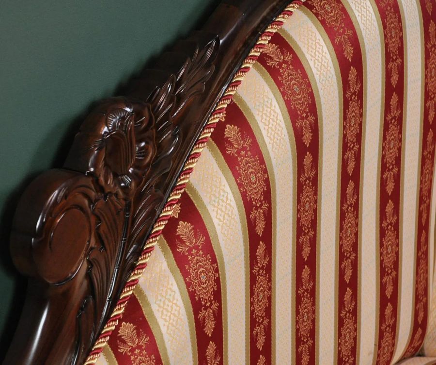 Stripes fabric upholstery and rose carving backrest detail