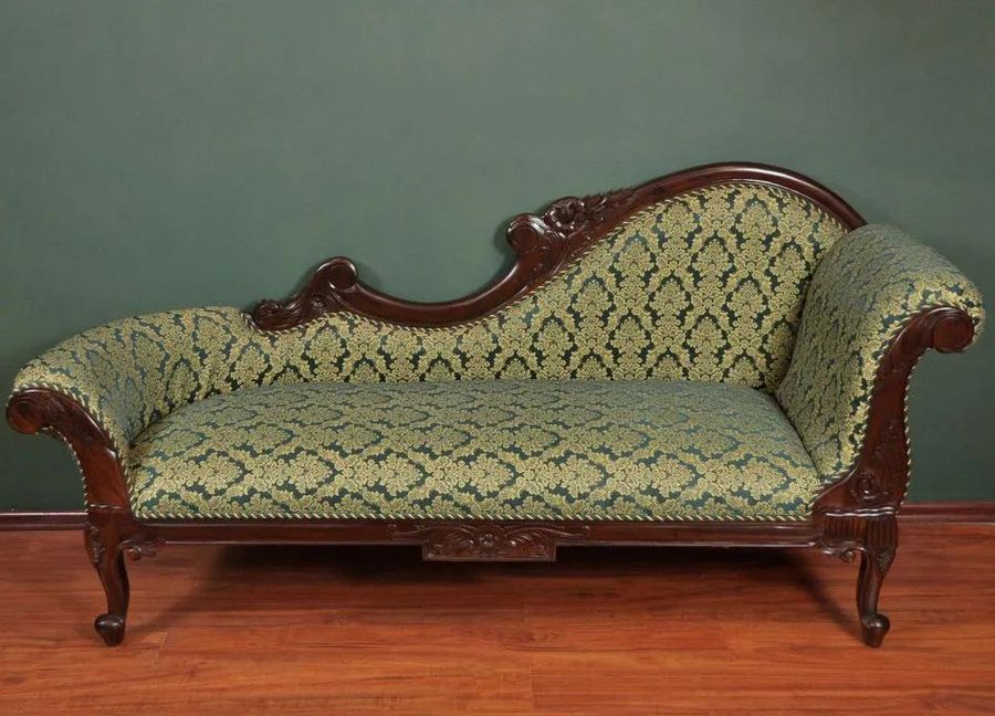 Rococo rose carving single ended sofa green flower fabric seat and backrest