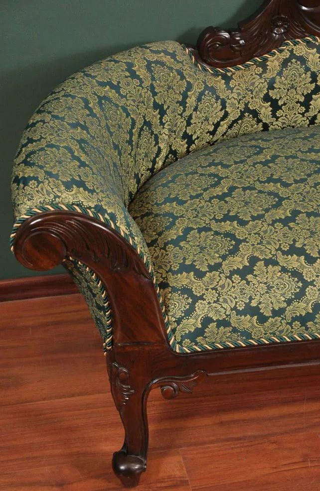 Left end detail of green flower fabric rococo sofa