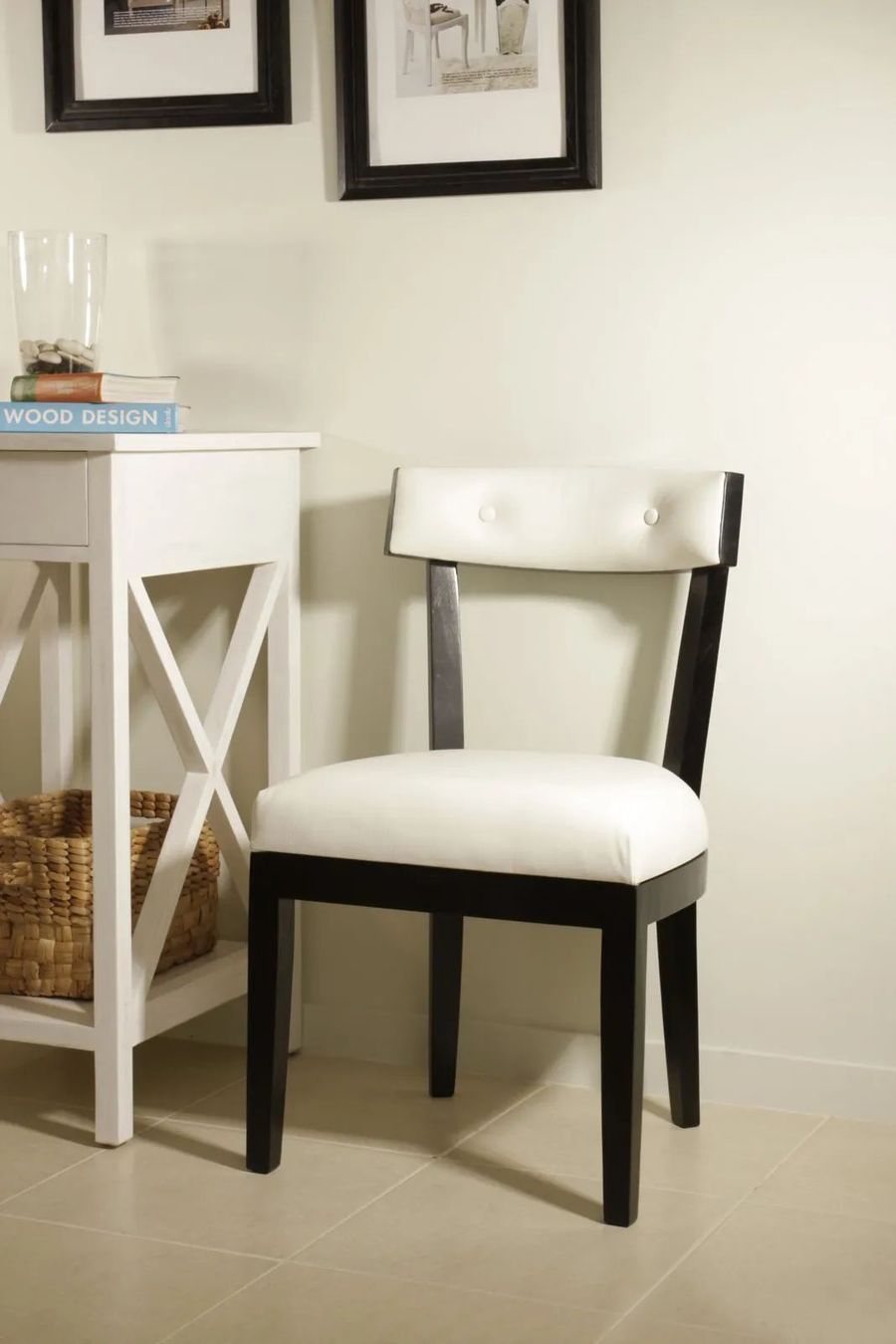Hosea simple dining chair black painted wood frame white fabric seat