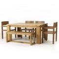 Reclaimed  teak dining table with chairs and benches