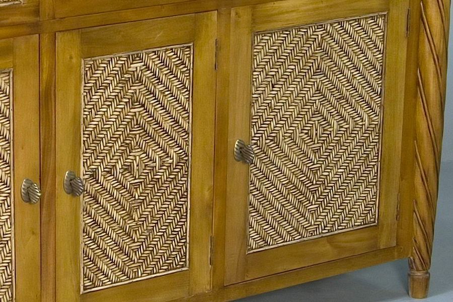 Mahogany wood buffet rattan wicker detail