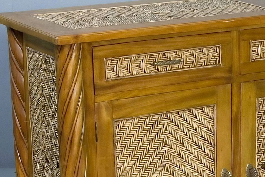 Mahogany wood buffet rattan top leaf detail