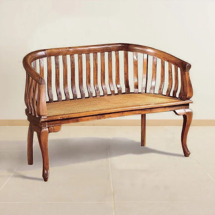 Barrel bench teak wood frame rattan seat