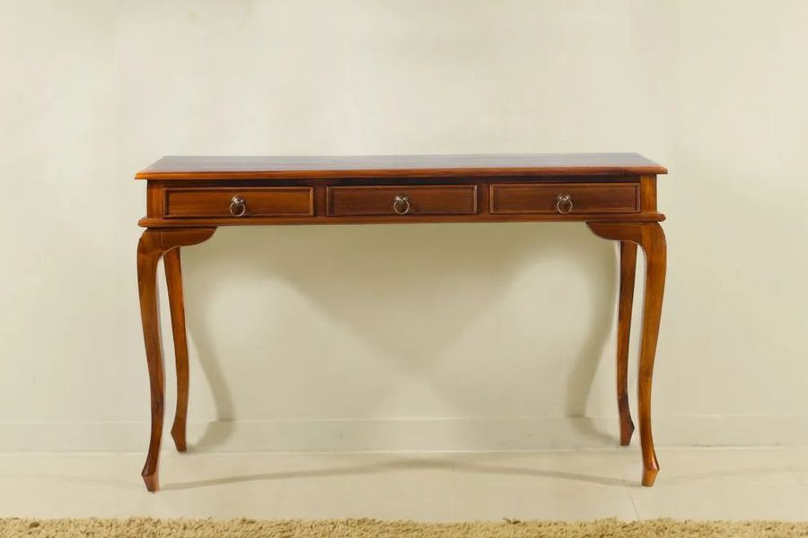 Batavia teak wood console 3 drawers front detail
