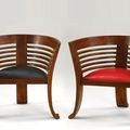 Cantique chair teak wood frame red fabric seat paired