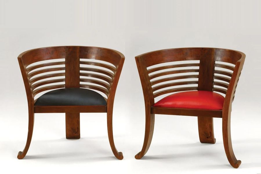 Cantique chair teak wood frame red fabric seat paired