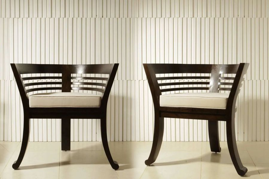 Cantique chair teak wood frame white fabric seat paired