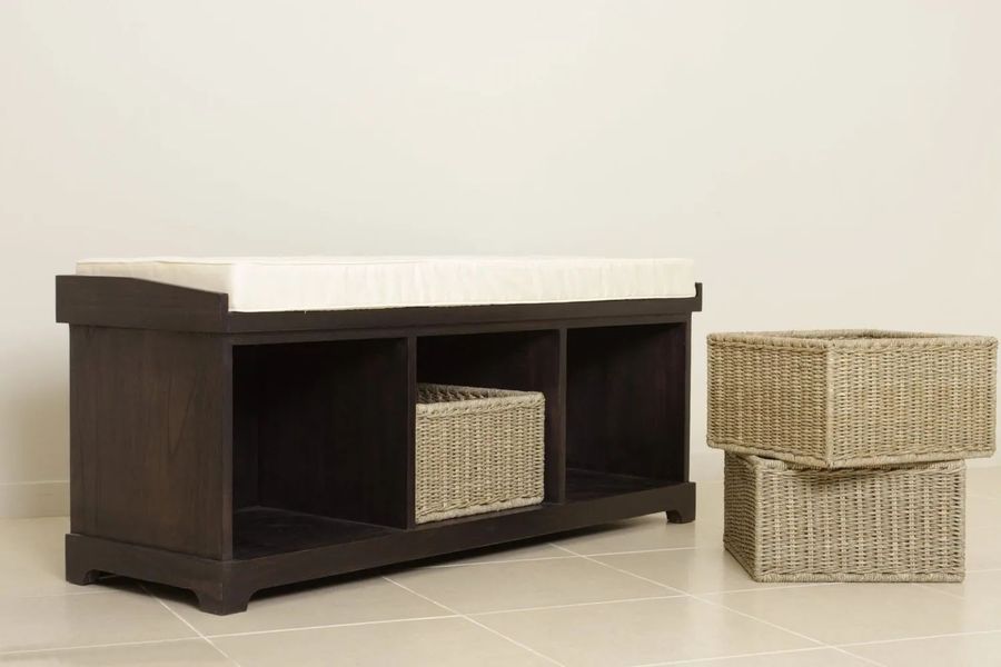 Storage bench rust drawers wicker detail