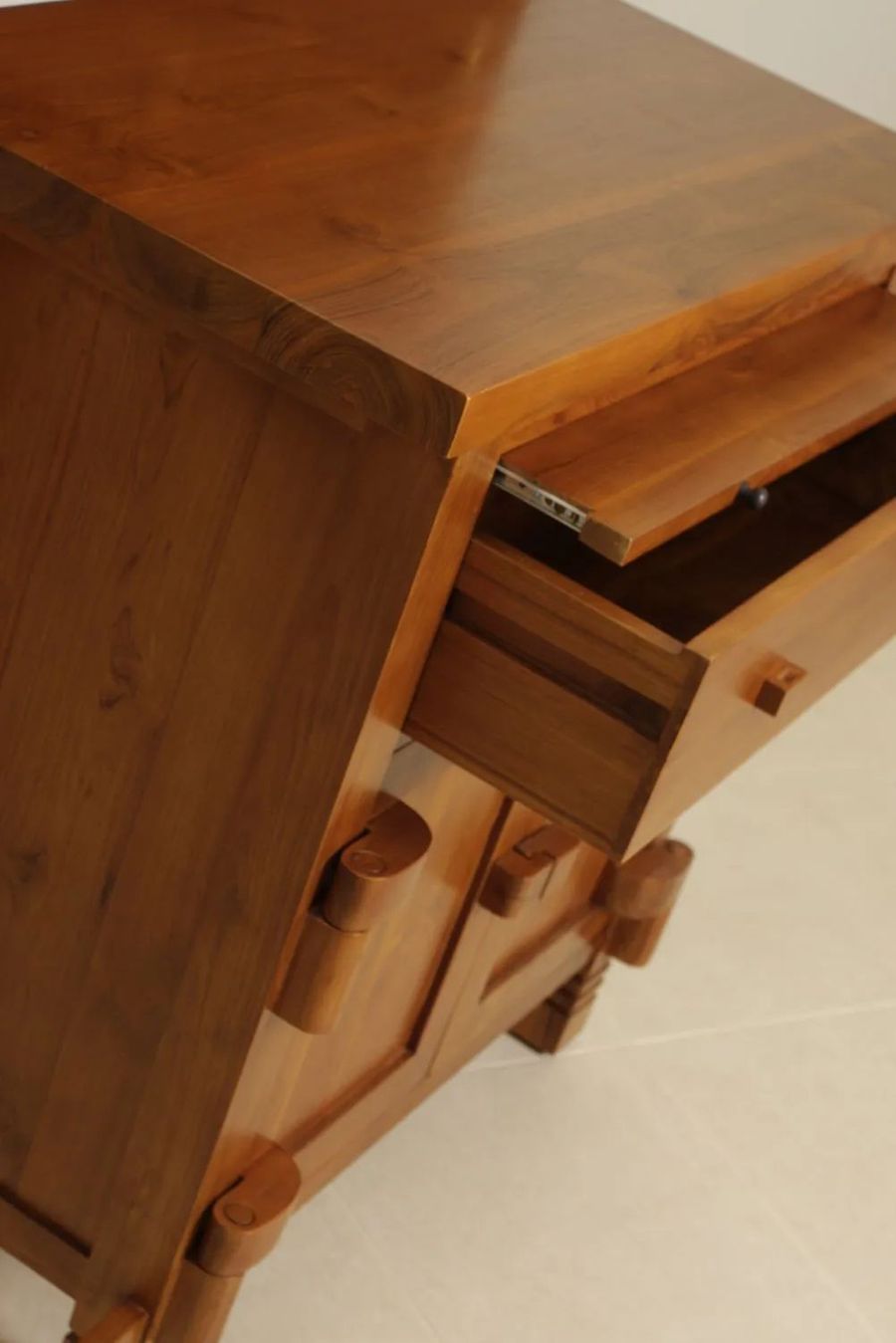 The drawer and top tray of the lombok bedside pulled out