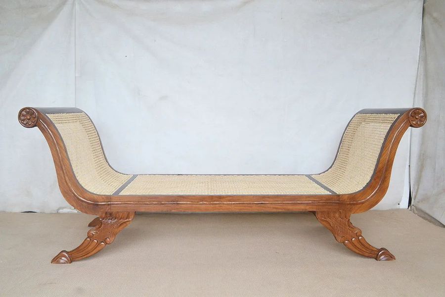 Teak rattan backless bench front detail