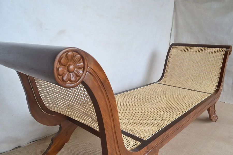 Teak rattan backless bench wicker pattern detail