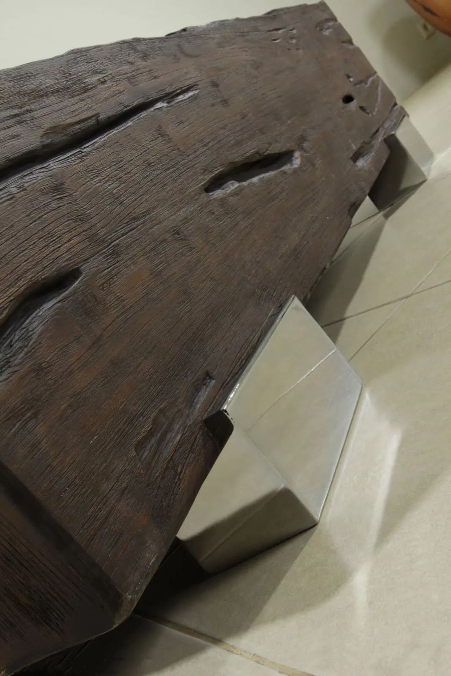 Drift wood natural distressed coffee table steel legs detail
