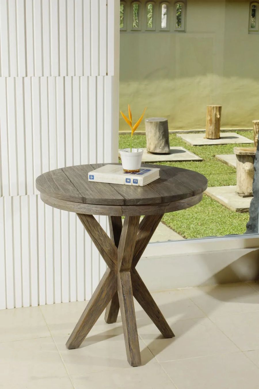 Cross legs round table white washed finish