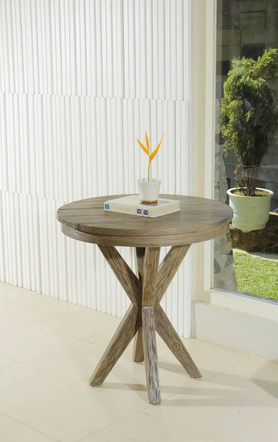 Cross legs round table distressed wood surface