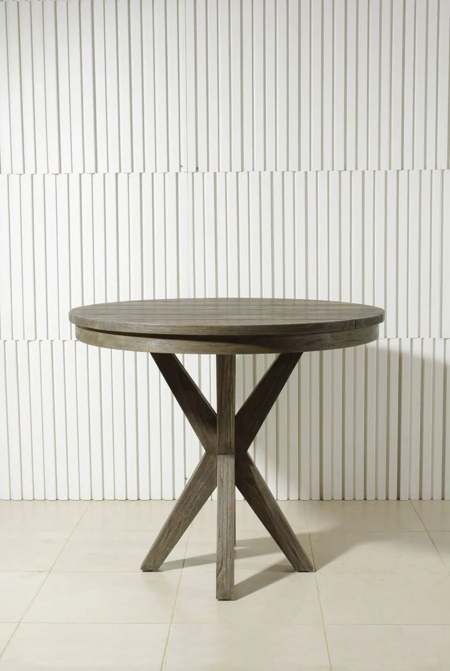 Cross legs round table distressed wood white washed