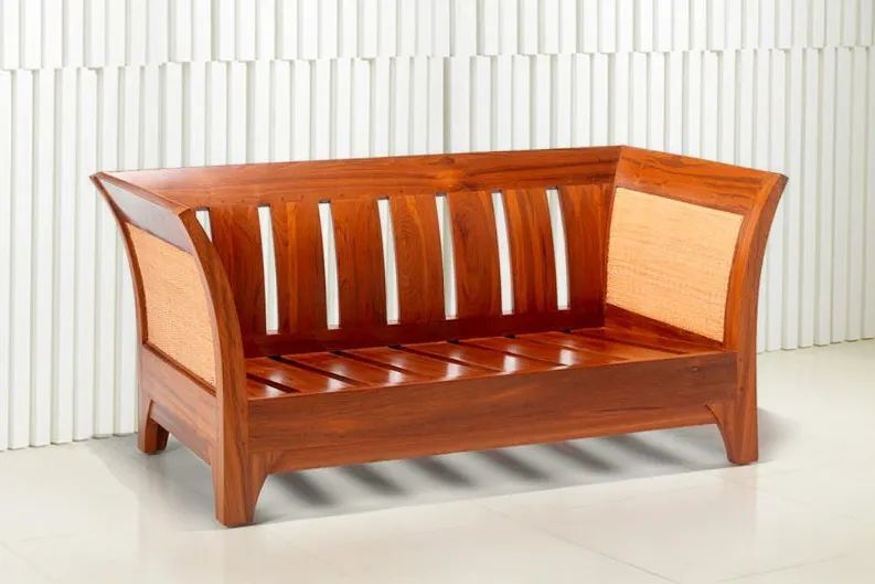 Teak rattan sofa 2 seat wooden slats seat detail