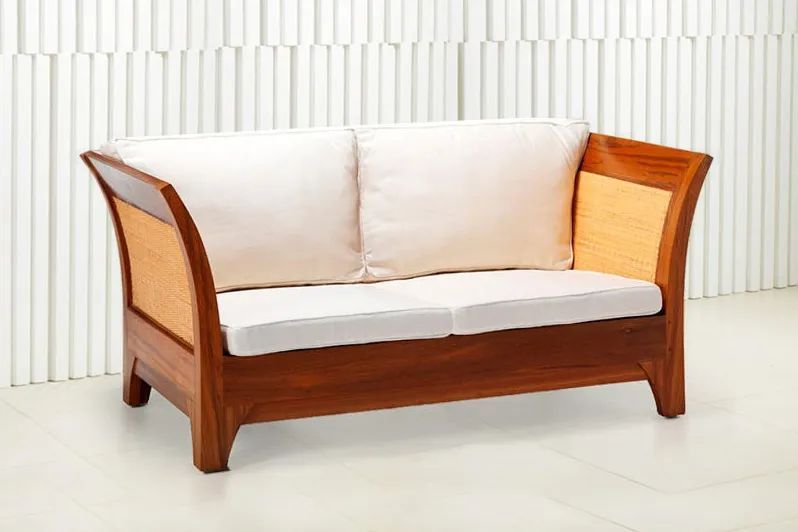 Teak rattan sofa 2 seat using whit fabric cushion seat and backrest