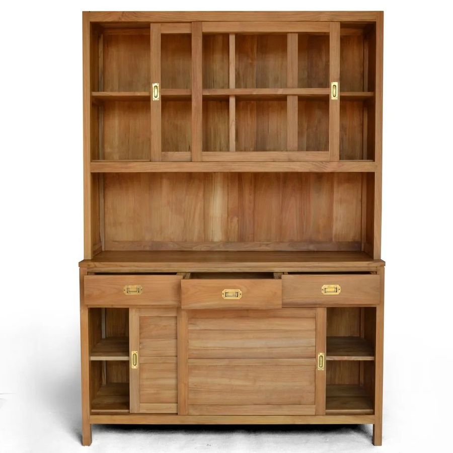 Teak wood kitchen cabinet sliding doors opened